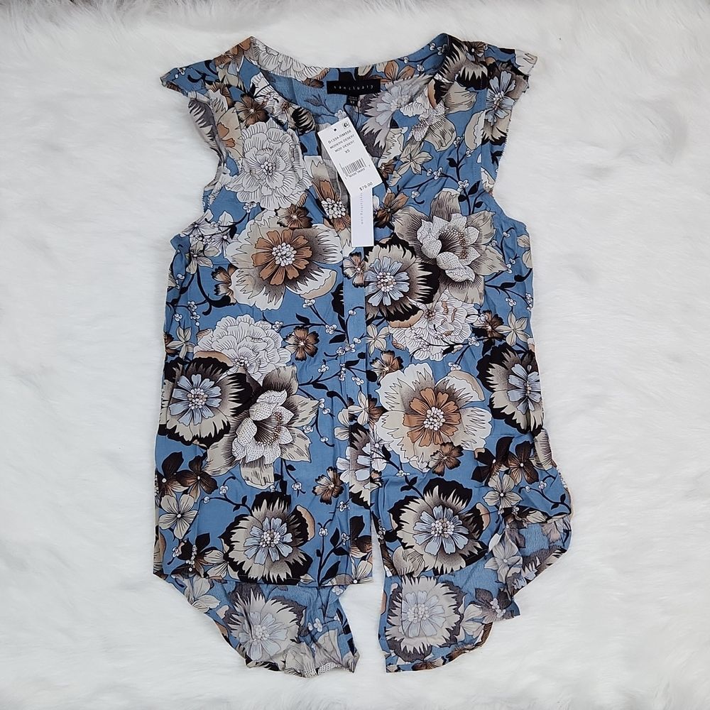 Sanctuary -231 Modern Desert Floral Print Sleeveless Ruffle‎ Top light blue XS